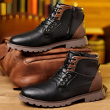 Men's brown leather lace-up ankle boots set against a white background, showcasing durable construction suitable for all seasons, with a clean and stylish design perfect for casual or semi-formal wear.
