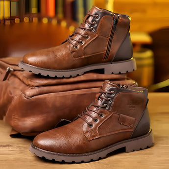 Men's brown leather lace-up ankle boots with a durable design, featuring a rugged sole suitable for all-season wear.
