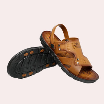 Men's brown leather sandals featuring adjustable straps and a breathable design, showcasing a comfortable fit suitable for casual wear.