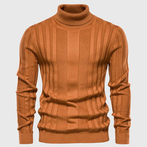 Men's brown ribbed knit turtleneck sweater featuring long sleeves and a high collar, suitable for winter fashion in size 2XL.