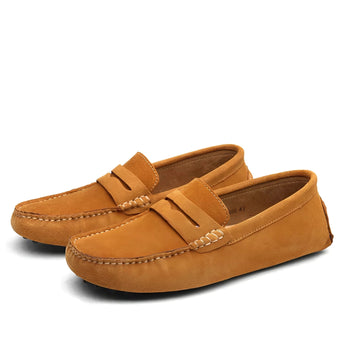 Men's brown suede slip-on loafers, luxury driving moccasins with a sleek design, featuring a rich brown color and high-quality suede material, ideal for fashion-forward individuals seeking comfortable and stylish footwear.