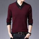 Men's burgundy knit sweater with long sleeves and a round neck, shown in size XL, styled with a pair of jeans against a white background.