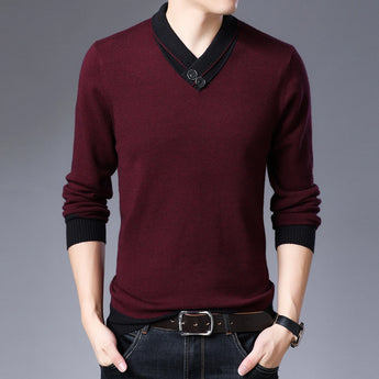 Men's burgundy knit sweater with long sleeves and a round neck, shown in size XL, styled with a pair of jeans against a white background.