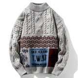Men's gray XL cable knit ski sweater with crewneck and long sleeves, made of wool.
