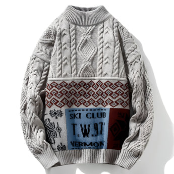 Men's gray XL cable knit ski sweater with crewneck and long sleeves, made of wool.