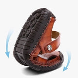 Men's casual brown leather sandals featuring a breathable and lightweight slip-on design. The sandals have a durable synthetic rubber sole and are suitable for outdoor wear.