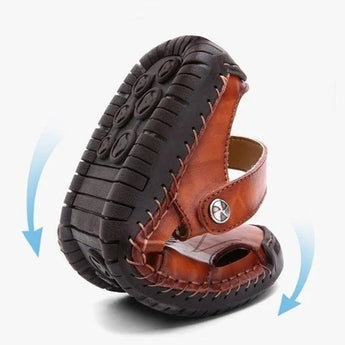 Men's casual brown leather sandals featuring a breathable and lightweight slip-on design. The sandals have a durable synthetic rubber sole and are suitable for outdoor wear.