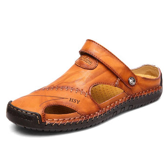 Men's casual brown leather sandals in a yellow-brown color, size 44, featuring a breathable and lightweight slip-on design suitable for outdoor use.