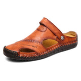 Men's casual brown leather sandals in red-brown color, size 44, featuring a breathable and lightweight slip-on design, suitable for outdoor wear.