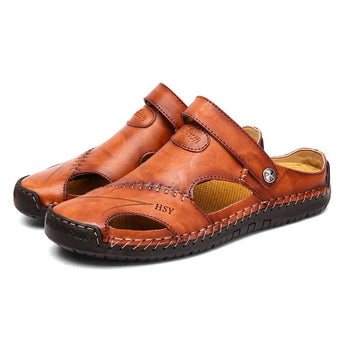 Men's casual brown leather sandals featuring a breathable design, lightweight construction, and slip-on style.