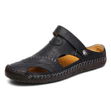 Men's casual brown leather sandals designed for breathability and lightweight comfort, shown in a slip-on style.