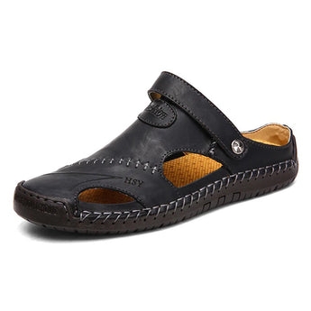 Men's casual brown leather sandals designed for breathability and lightweight comfort, shown in a slip-on style.