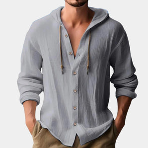 Men's casual hooded linen shirt in grey, showcasing long sleeves, a collar, and a relaxed fit suitable for lightweight summer fashion.