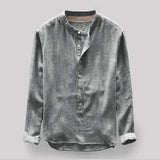 Men's gray casual long sleeve washed denim shirt with mandarin collar, featuring button closures and chest pocket, in size 4XL.