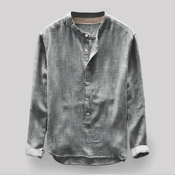 Men's gray casual long sleeve washed denim shirt with mandarin collar, featuring button closures and chest pocket, in size 4XL.