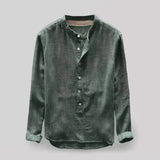 Men's green long sleeve washed denim shirt featuring a mandarin collar and button-up design, suitable for casual wear.