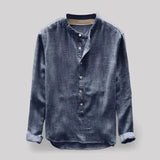 Men's blue long sleeve washed denim shirt with a mandarin collar, featuring button details and tailored in size 4XL.