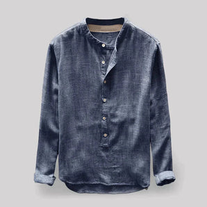 Men's blue long sleeve washed denim shirt with a mandarin collar, featuring button details and tailored in size 4XL.
