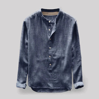 Men's blue long sleeve washed denim shirt with a mandarin collar, featuring button details and tailored in size 4XL.