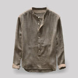 Men's casual long sleeve washed denim shirt with mandarin collar in cachi color, size 4XL, featuring buttons down the front and a classic design suitable for everyday wear.