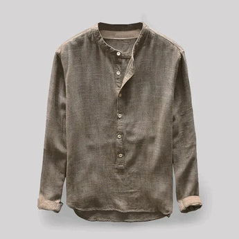 Men's casual long sleeve washed denim shirt with mandarin collar in cachi color, size 4XL, featuring buttons down the front and a classic design suitable for everyday wear.