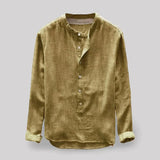 Men's casual long sleeve washed denim shirt in yellow with a mandarin collar, featuring button detailing and a relaxed fit, shown in size 4XL.