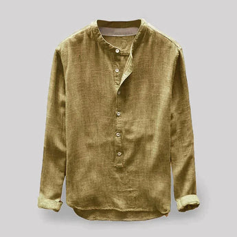 Men's casual long sleeve washed denim shirt in yellow with a mandarin collar, featuring button detailing and a relaxed fit, shown in size 4XL.