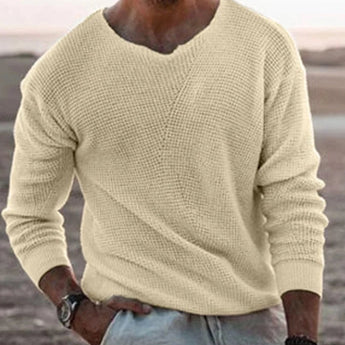 Men's casual white lightweight V-neck knit sweater in beige, size 3XL, worn by a man standing, showcasing the sweater's shoulder and sleeve details, and accessorized with a watch.