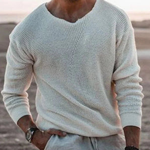 Men's casual white lightweight V-neck knit sweater modeled, featuring long sleeves and a comfortable fit, perfect for spring fashion, shown in Bianco Crema11 color and 3XL size.