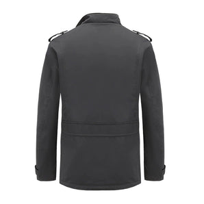 Men's charcoal grey stylish jacket with shoulder straps, featuring a structured collar, long sleeves, and a sleek design resembling a blazer, made from quality fabric.