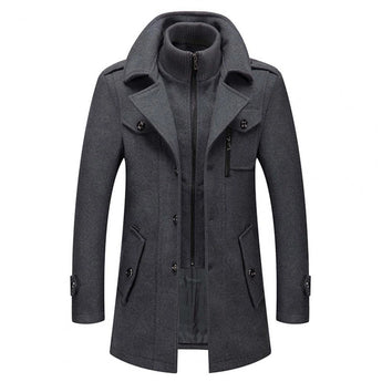 Men's charcoal grey wool blend tailored winter overcoat in size 5XL, featuring a classic design with a notched collar, long sleeves, and button closures, offering a sophisticated and stylish look suitable for cold weather.