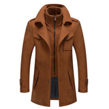 Men's charcoal grey wool blend tailored winter overcoat in khaki, featuring a button-up front, long sleeves, a notched collar, and pockets.