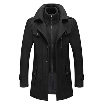 Men's charcoal wool slim fit military style overcoat in size XXL, featuring a structured collar, long sleeves, button detailing, and a subtle grey pattern with a hint of magenta, styled elegantly as a fashion-forward blazer.