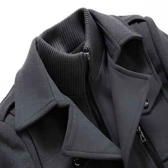 Men's charcoal wool slim fit overcoat featuring a military style design with a structured collar and long sleeves, showcased in a grey color.