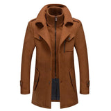 Men's charcoal wool overcoat in a military style with a slim fit design, featuring a notched collar, long sleeves, and front button closure. The coat is designed for formal wear and has a brown hue.