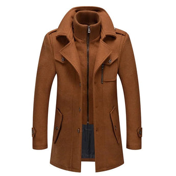 Men's charcoal wool overcoat in a military style with a slim fit design, featuring a notched collar, long sleeves, and front button closure. The coat is designed for formal wear and has a brown hue.