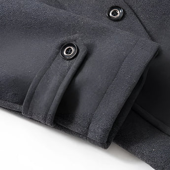 Men's charcoal wool slim fit overcoat in military style with long sleeves, a grey tint, a structured collar, and button detailing.