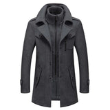 Men's charcoal wool slim fit overcoat in military style featuring a grey color, structured collar, button closure, and long sleeves.