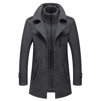 Men's charcoal wool slim fit overcoat in military style featuring a grey color, structured collar, button closure, and long sleeves.