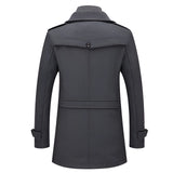Men's charcoal grey wool slim fit overcoat with military-inspired design, featuring a structured collar and long sleeves, suitable for formal wear.