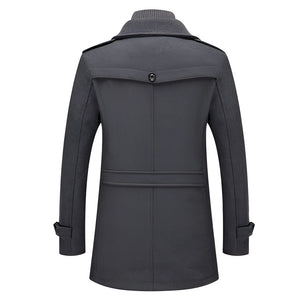 Men's charcoal grey wool slim fit overcoat with military-inspired design, featuring a structured collar and long sleeves, suitable for formal wear.