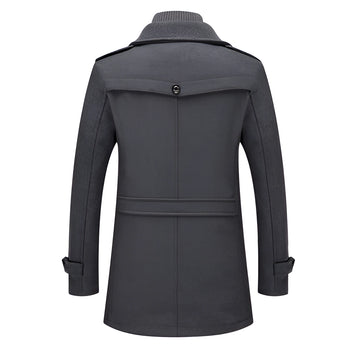 Men's charcoal grey wool slim fit overcoat with military-inspired design, featuring a structured collar and long sleeves, suitable for formal wear.
