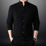 Men's chunky knit gray wool cardigan with a stylish design, featuring a collar and long sleeves, shown in Nero color and XL size.