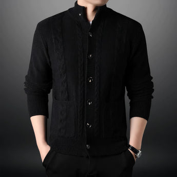 Men's chunky knit gray wool cardigan with a stylish design, featuring a collar and long sleeves, shown in Nero color and XL size.