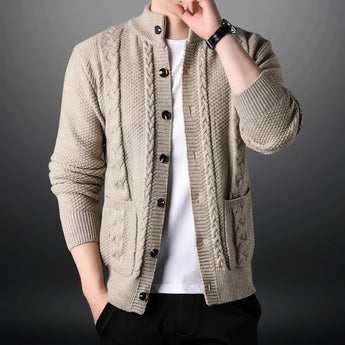Men's chunky knit gray wool cardigan in camel color, size XL, featuring a stylish winter design with a prominent collar and long sleeves.