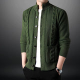 Men's chunky knit gray wool cardigan featuring a stylish winter design, with long sleeves and a collar, shown in a green color variant, size XL.