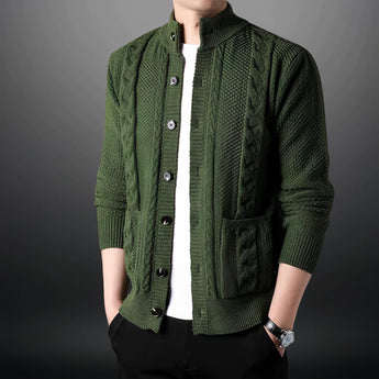 Men's chunky knit gray wool cardigan featuring a stylish winter design, with long sleeves and a collar, shown in a green color variant, size XL.