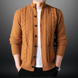 Men's orange chunky knit wool cardigan in XL size, featuring a cozy and stylish design with long sleeves and a shawl collar, perfect for winter wear.