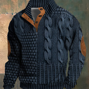 Men's dark blue chunky wool sweater featuring a cable knit design, ribbed collar, and elbow patches.