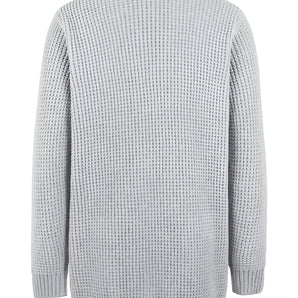 Men's classic grey ribbed knit sweater, stylish winter crewneck pullover, featuring long sleeves and a cozy woolen texture.